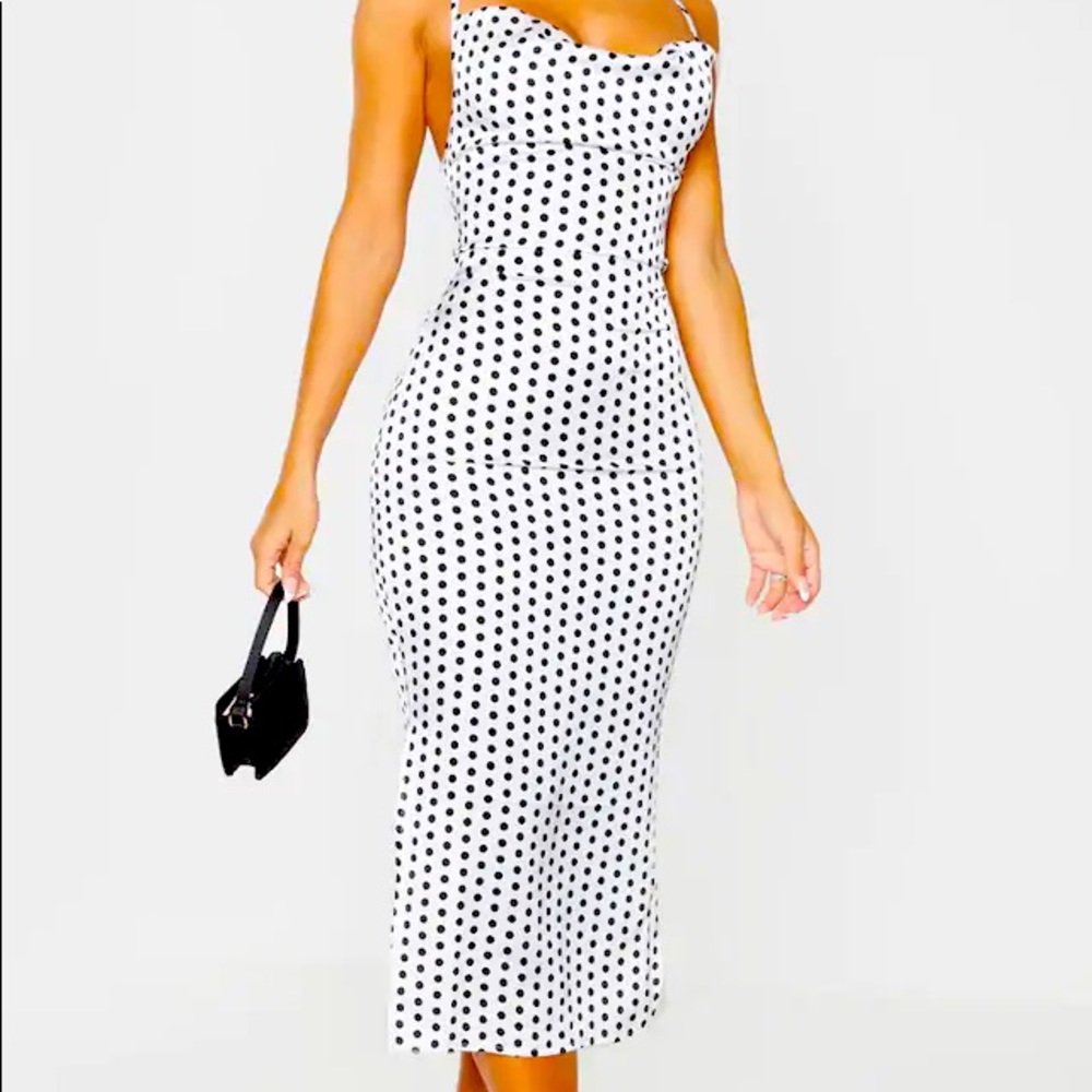 White Polka Dot Satin Midi Dress **Brand New**
